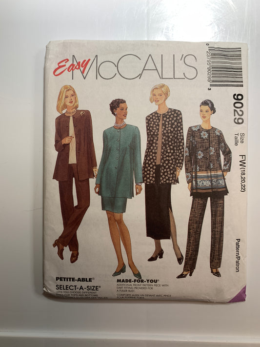 McCall's Sewing Pattern 9029 Misses' Unlined Jacket, Top, Pants, Skirt, Two Lengths, Pockets, Button Front, Size 18-22, Uncut, Vintage 1997
