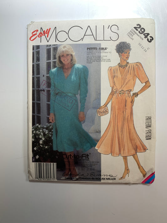 McCall's Sewing Pattern Linda Evans 2943 Misses' Dresses, Pullover, Long/Short Sleeves, Size 10-14, Uncut, Vintage 1987