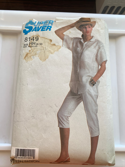 Simplicity Sewing Pattern 8149 Super Saver Pants, Top,  Loose-Fitting, Zipper Front, Size  6-12, Cut, Vintage 1987