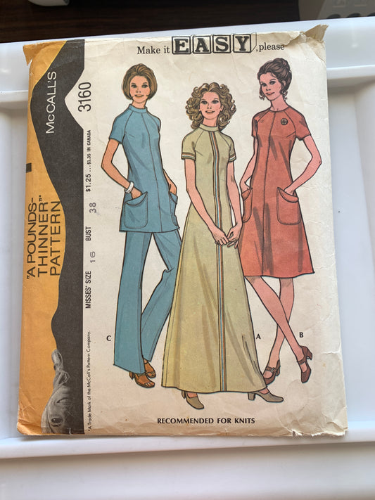 McCall's Sewing Pattern 3160 Misses' Dress, Tunic, Pants, Short Sleeves Zipper Back, Size 16-14, Cut, Vintage 1972