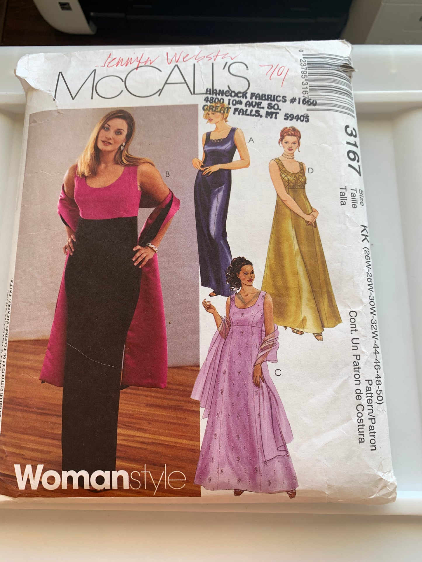 McCall's Sewing Pattern 3167 Misses'/Women's Petite Lined Gown and Stole, Lined Gown/Dress, Stole, Floor Length, Princess Seams, Size 26W-32W, 2001