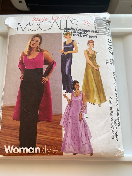McCall's Sewing Pattern 3167 Misses'/Women's Petite Lined Gown and Stole, Lined Gown/Dress, Stole, Floor Length, Princess Seams, Size 26W-32W, 2001