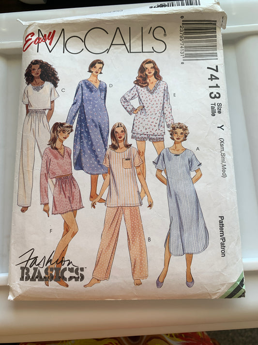 McCall's Sewing Pattern 7413 Misses' Nightshirt, Pajamas, Long/Short Sleeves Nightgown, Elastic Waist Pants, Shorts, Tops, Pockets, Size 4-14, Cut, Vintage 1994