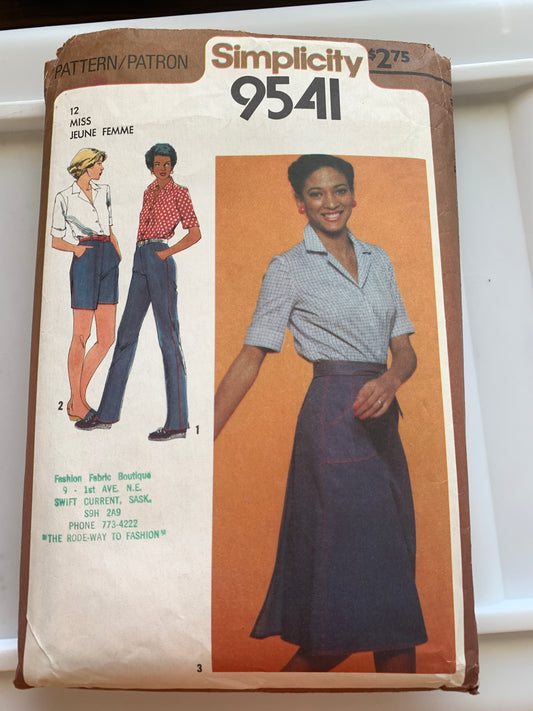 Simplicity Sewing Pattern 9541 Misses' Back Wrap Skirt, Pants, Shorts, Shirt, Pockets, Front Zipper, Size 12, Cut, Vintage 1980