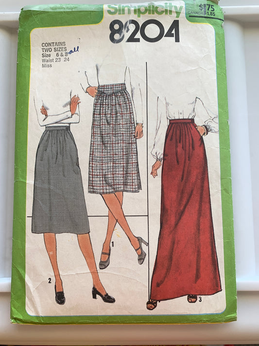 Simplicity Sewing Pattern  8204 Misses' Skirts, Zipper Back, Two Lengths, Size 6-8, Cut, Vintage 1977