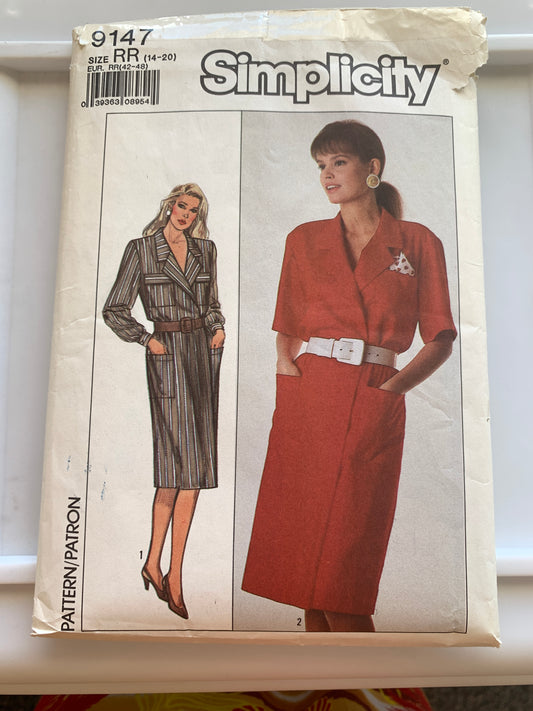 Simplicity Sewing Pattern 9147 Misses' Dress, Mock-Wrap, Collar, Elastic Waist, Pockets, Long/Short Sleeves, Size 14-20, Cut, Vintage 1989