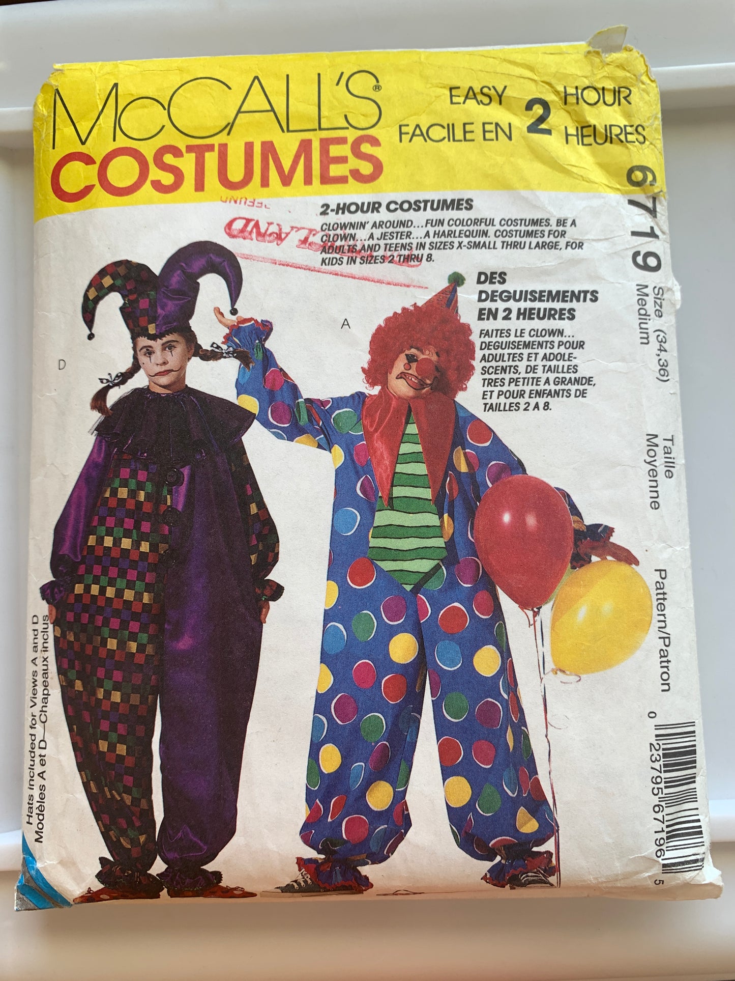 McCall's Sewing Pattern 6719 Adult Costumes, Halloween, Clown, Jester Size 34-36, Cut, Vintage 1993