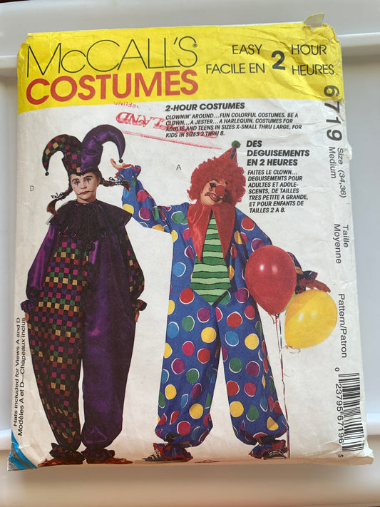 McCall's Sewing Pattern 6719 Adult Costumes, Halloween, Clown, Jester Size 34-36, Cut, Vintage 1993