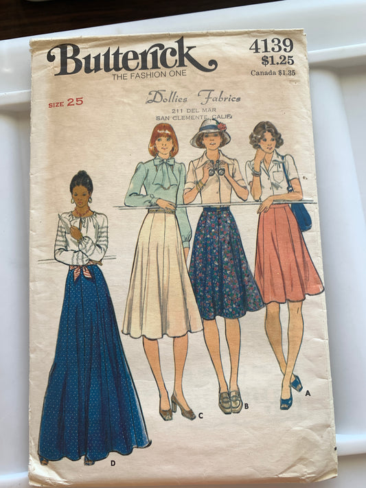Butterick Sewing Pattern 4139 Misses' Skirt, 2 Lengths, Flared, Straight, Zipper Back, 4 Lengths, Size 25, Cut, Vintage 1996