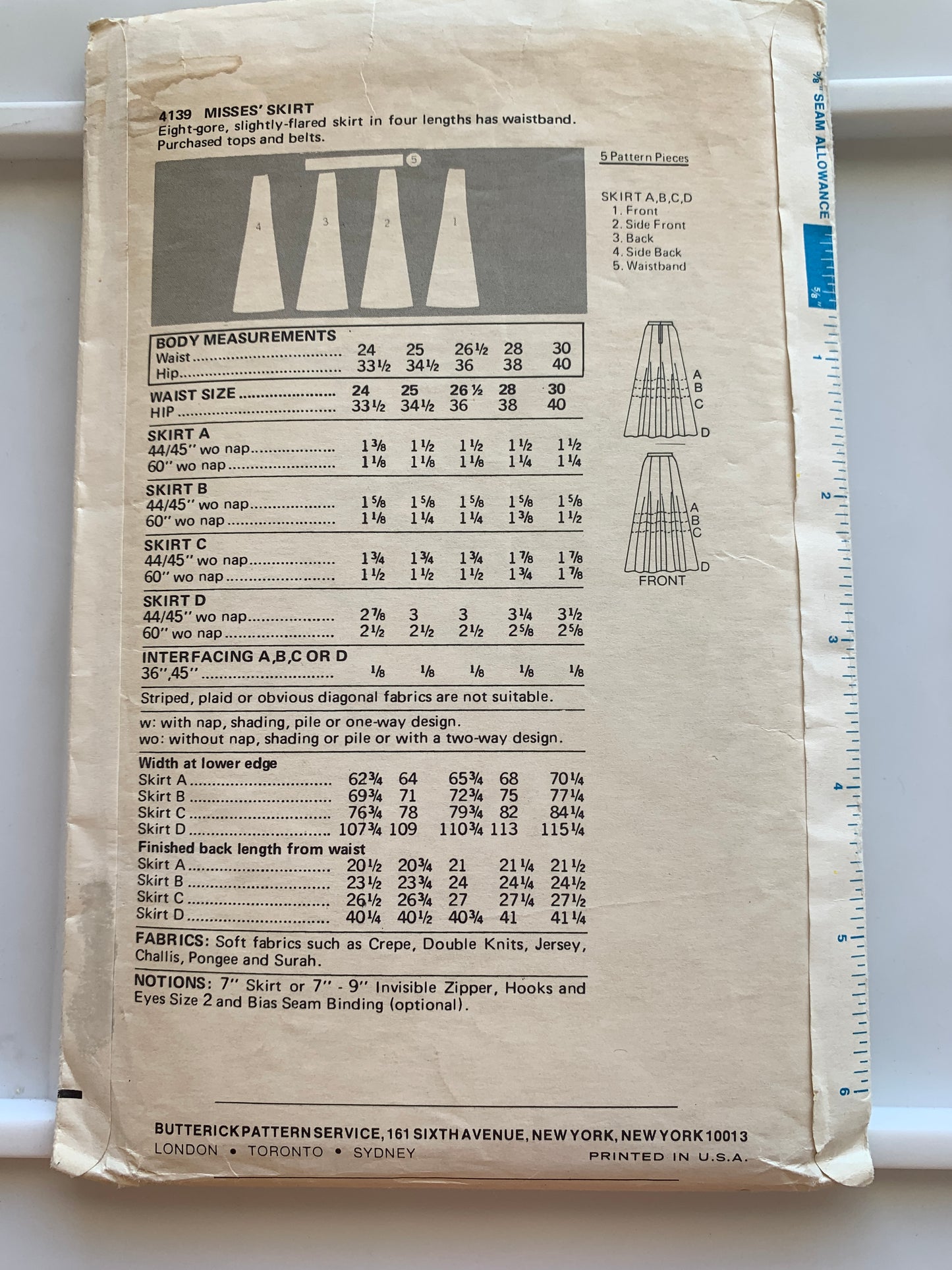 Butterick Sewing Pattern 4139 Misses' Skirt, 2 Lengths, Flared, Straight, Zipper Back, 4 Lengths, Size 25, Cut, Vintage 1996