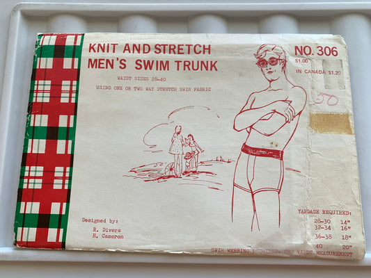 Knit & Stretch Sewing Pattern 306 Men's Swim Trunks, Bathing Suits, One Piece, Size 28-40, Uncut, 1997