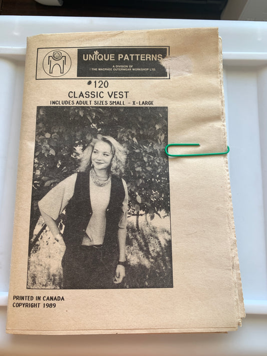 Unique Sewing Patterns 120 Adult Vest, Multi Size,  Pockets, Sleeveless, Button Front, Size 34-44, Uncut, Vintage 1989