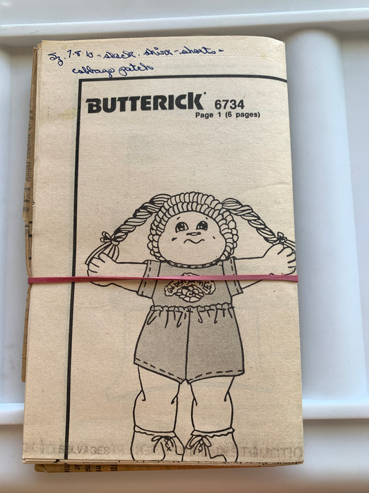 Butterick Sewing Pattern 6734 Cabbage Patch Doll Clothes,Shirt, Pants, Shorts, Transfers, 16" Doll, Uncut, Vintage 1986