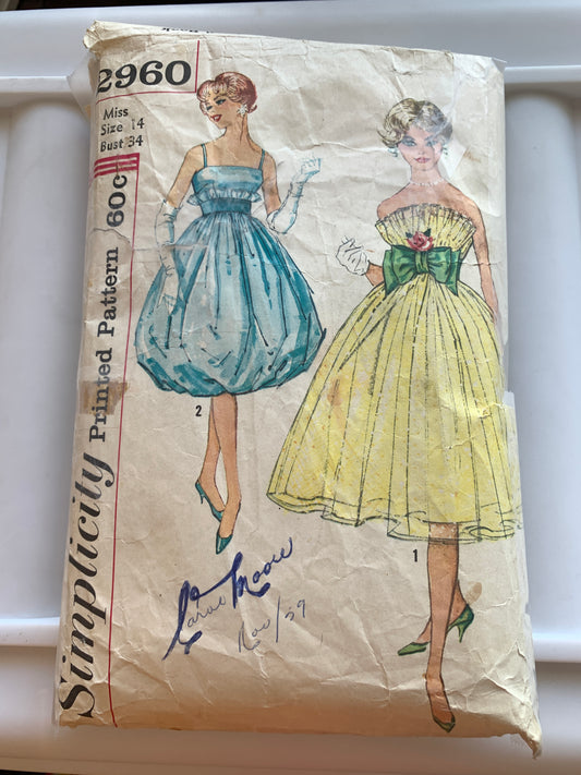 Simplicity Sewing Pattern 2960 Misses' Dresses, Zipper Back, Sleeveless, Overskirts, Ruffe, Size 14, Cut, Vintage 1959