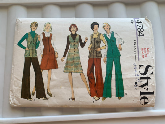 Style Sewing Pattern 4784 Misses' Dress, Sleeveless, Pinafore, Pants, Zipper Back, Size 18, Cut, Vintage 1974