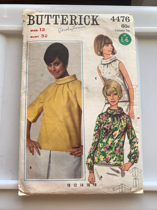 Butterick Sewing Pattern 4476 Misses' Overblouse, Long/Short Sleeves, Sleeveless, Size 12, Cut, Vintage 1953