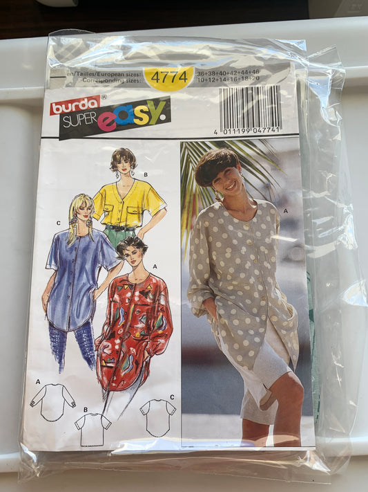 Burda Sewing Pattern 4774 Misses' Blouse, Top, Button Front, 4 Variations, Loose-Fitting, Long/Short Sleeves, Shoulder Pads, Size 36-38, Cut, 2000