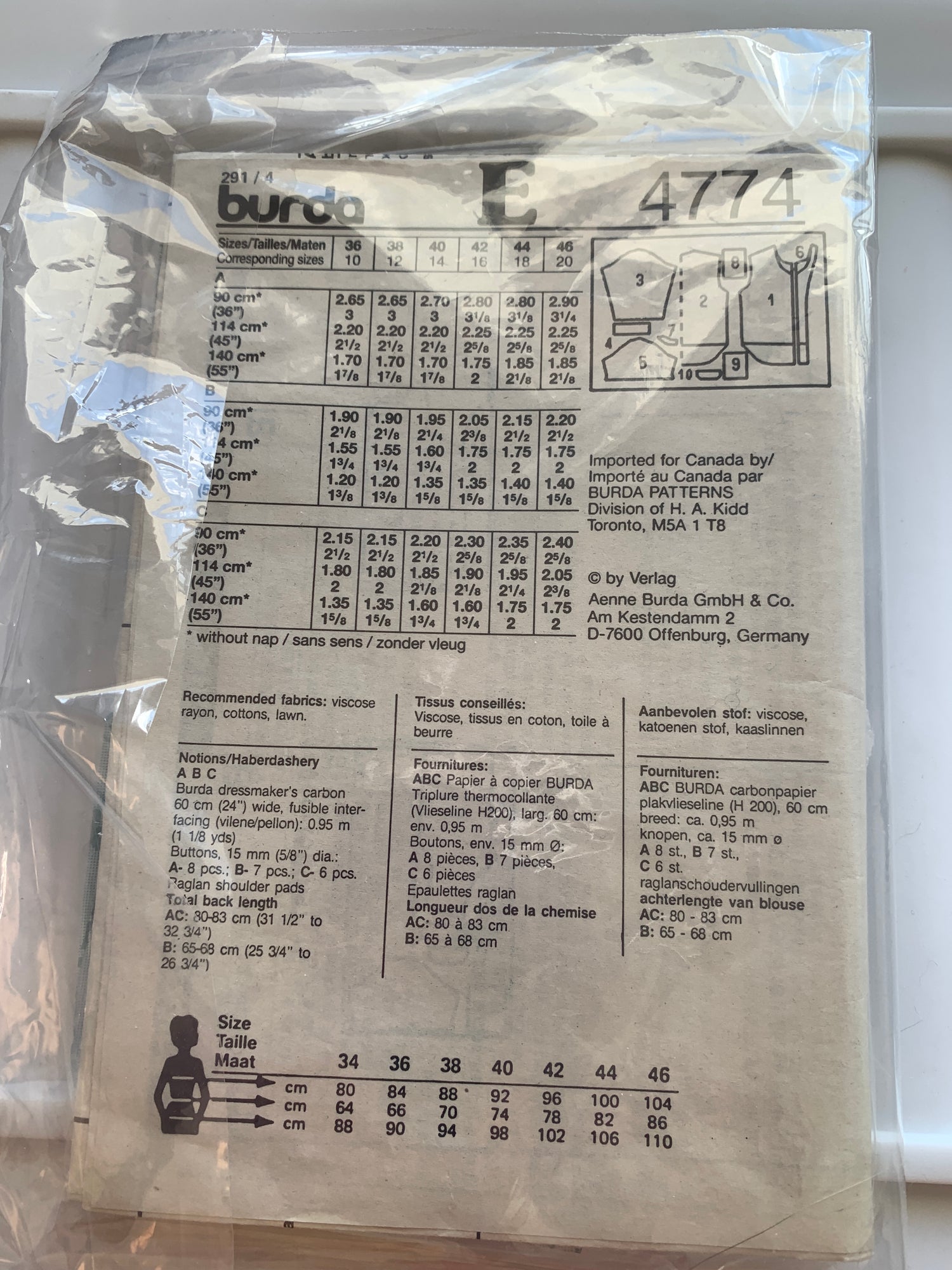 Burda Sewing Pattern 4774 Misses' Blouse, Top, Button Front, 4 Variations, Loose-Fitting, Long/Short Sleeves, Shoulder Pads, Size 36-38, Cut, 2000