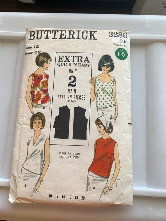 Butterick Sewing Patterns 3286 Misses' Blouse, 4 Variations, Pullover, Sleepless, Size 12, Cut, Vintage 1963