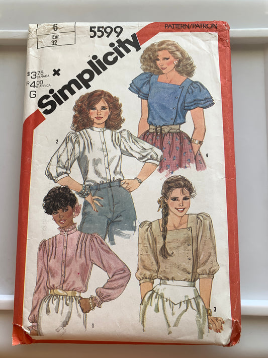 Simplicity Sewing Pattern 5599 Misses' Blouses, Shirts, Button Front, Long/Short Sleeves, Collar, 4 Variations Size 6, Cut, Vintage 1977