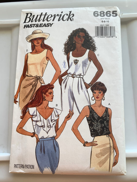 Butterick Sewing Pattern 6865 Misses' Tops, Sleeveless, Loose-Fitting, 4 Variations, Pullover, Size 6, Cut, Vintage 1992