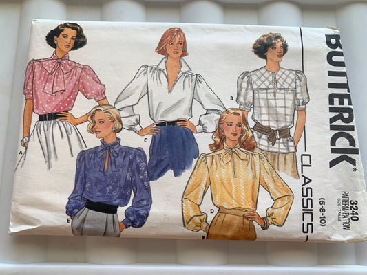 Butterick Sewing Pattern 3240 Misses' Blouses, Loose-Fitting, Long/Short Sleeves, Button Front, 5 Variations, Collar, Size 6, Cut, Vintage 1985