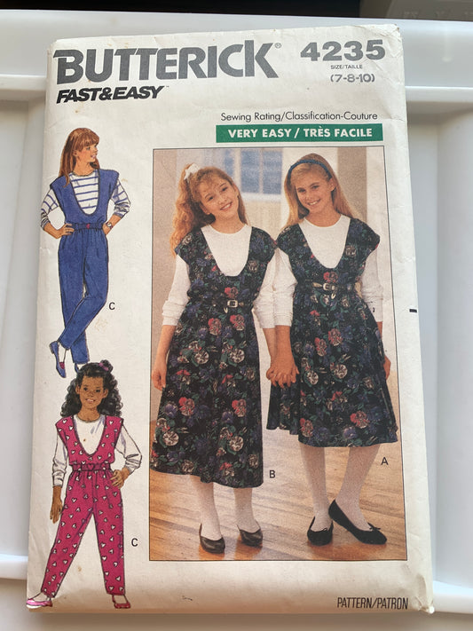 Butterick Sewing Pattern 4235 Girls' Jumper, Jumpsuit, Top, Pockets, Zipper Back, Pullover, Size 7-10, Cut, Vintage 1989