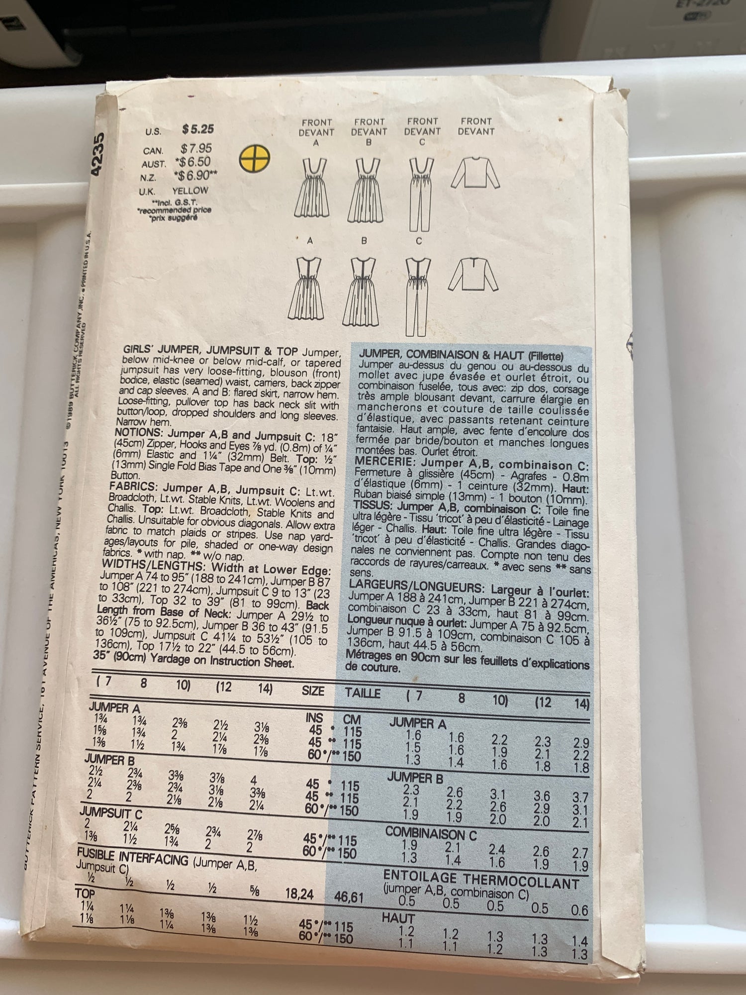 Butterick Sewing Pattern 4235 Girls' Jumper, Jumpsuit, Top, Pockets, Zipper Back, Pullover, Size 7-10, Cut, Vintage 1989