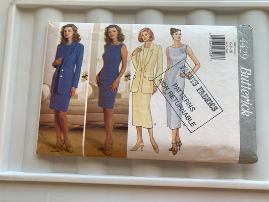 Butterick Sewing Pattern 4429 Misses'/Women's Petite Jacket, Dress, Loose-Fitting, Shoulder Straps, Two Lengths, Sleeveless, Zipper, Size 6-8, Cut, Vintage 1996