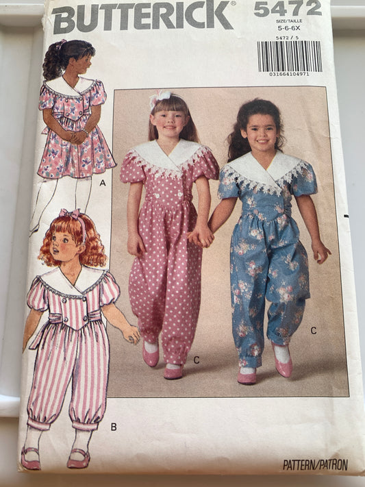 Butterick Sewing Pattern 5472 Girls' Dress, Jumpsuit, Zipper Back, Short Sleeves, Flared Skirt, Loose-Fitting, Size 5-6x, Cut, Vintage 1991