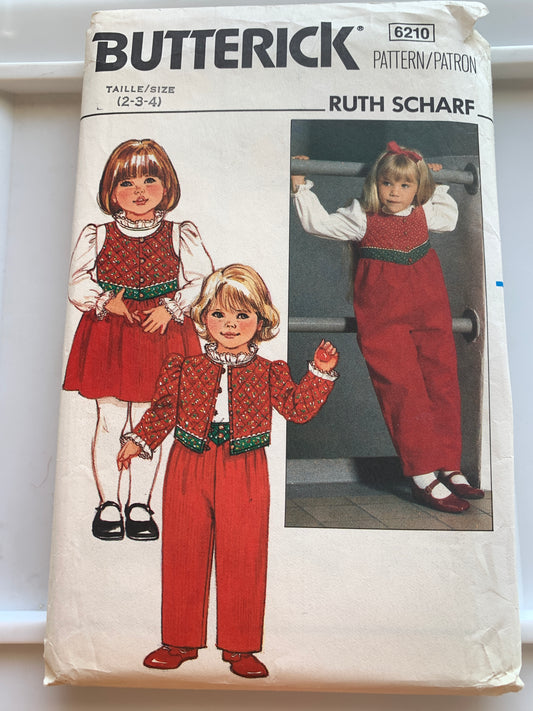 Butterick Sewing Pattern 6210 Girls' Jacket, Jumper, Jumpsuit, Blouse, Pants, Elastic Waist, Button Front, Size 2-4, Cut, Vintage 1980