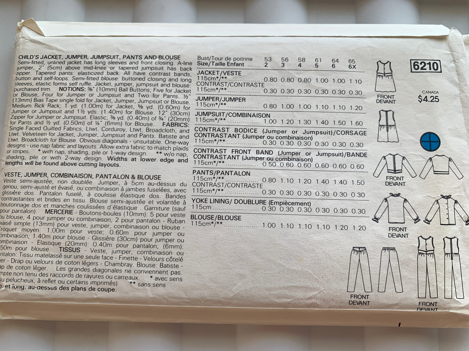 Butterick Sewing Pattern 6210 Girls' Jacket, Jumper, Jumpsuit, Blouse, Pants, Elastic Waist, Button Front, Size 2-4, Cut, Vintage 1980