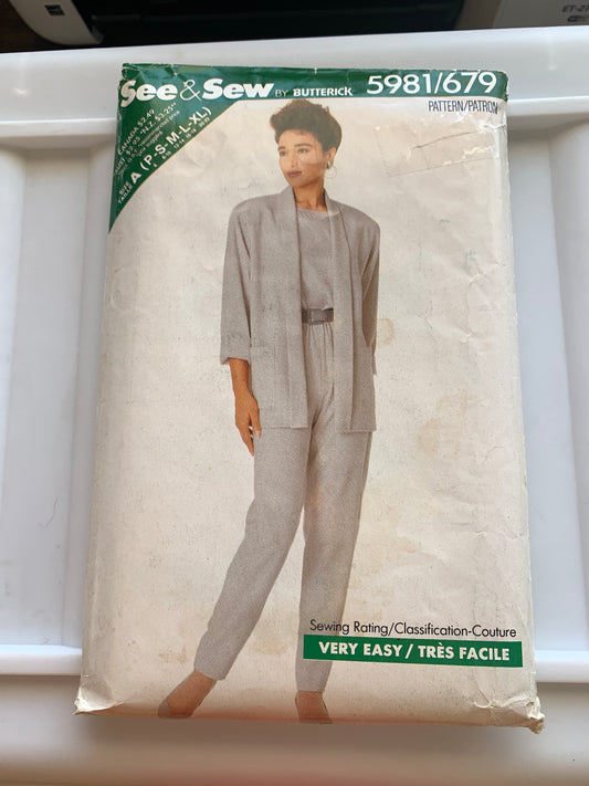 Butterick Sewing Pattern See & Sew 3630 Misses'/Misses' Petite Jacket, Pants, Top, Loose-Fitting, Pockets, Size 6-10, Cut, Vintage 1989