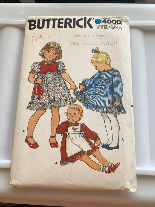 Butterick Sewing Pattern Toddlers' Dress, Tabard, Loose-Fitting, Long/Short Sleeves, Size 1, Cut, Vintage 1989