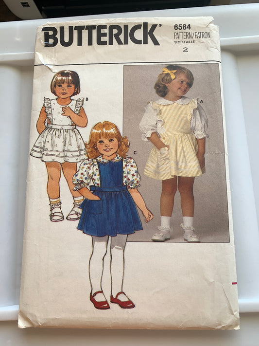 Butterick Sewing Pattern 6584 Toddlers' Dress, Jumper, Blouse, Sleeveless, Zipper, Back, Ruffles, Pockets, Size 2, Cut, Vintage 1975