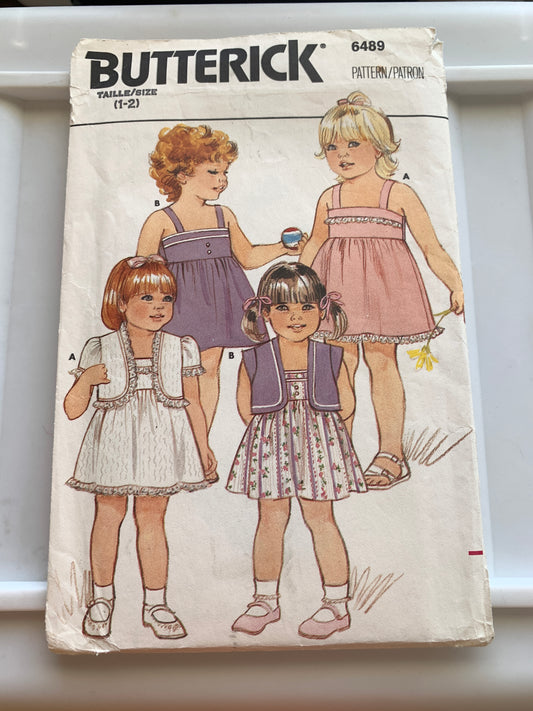 Butterick Sewing Pattern 6489 Girls' Jacket, Dress, Fitted, Short Sleeves, High Waist, Size 1-2, Cut, Vintage 1970