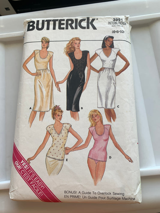Butterick Sewing Pattern 3991 Misses' Slip, Camisole, Close Fitting, Shoulder Pads. Elastic Waist, Size 6, Cut, Vintage 1986