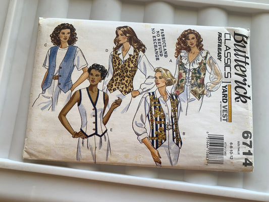 Butterick Sewing Pattern 6714 Misses' Lined Vest, Fitted, Back Belt, Side Slits, Sleeveless, Button Front, Size 6, Cut, Vintage 1993