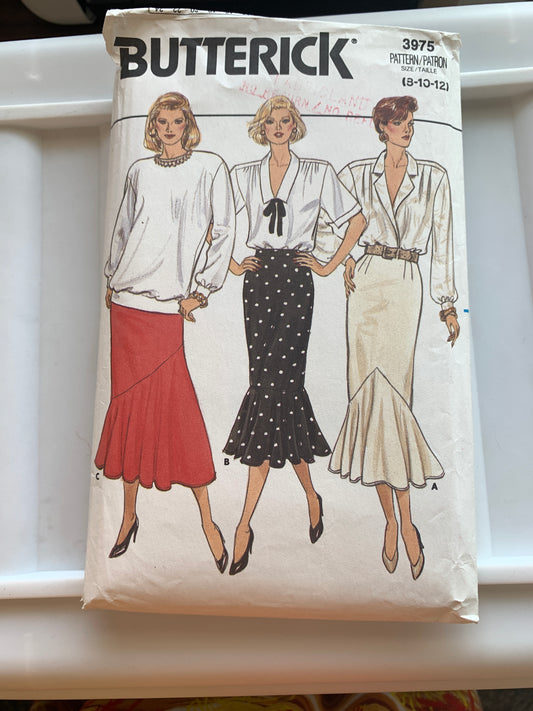Butterick Sewing Pattern 3975 Misses' Skirt, Flared, Zipper Back, Flounce, Size 8-10, Cut, Vintage 1986