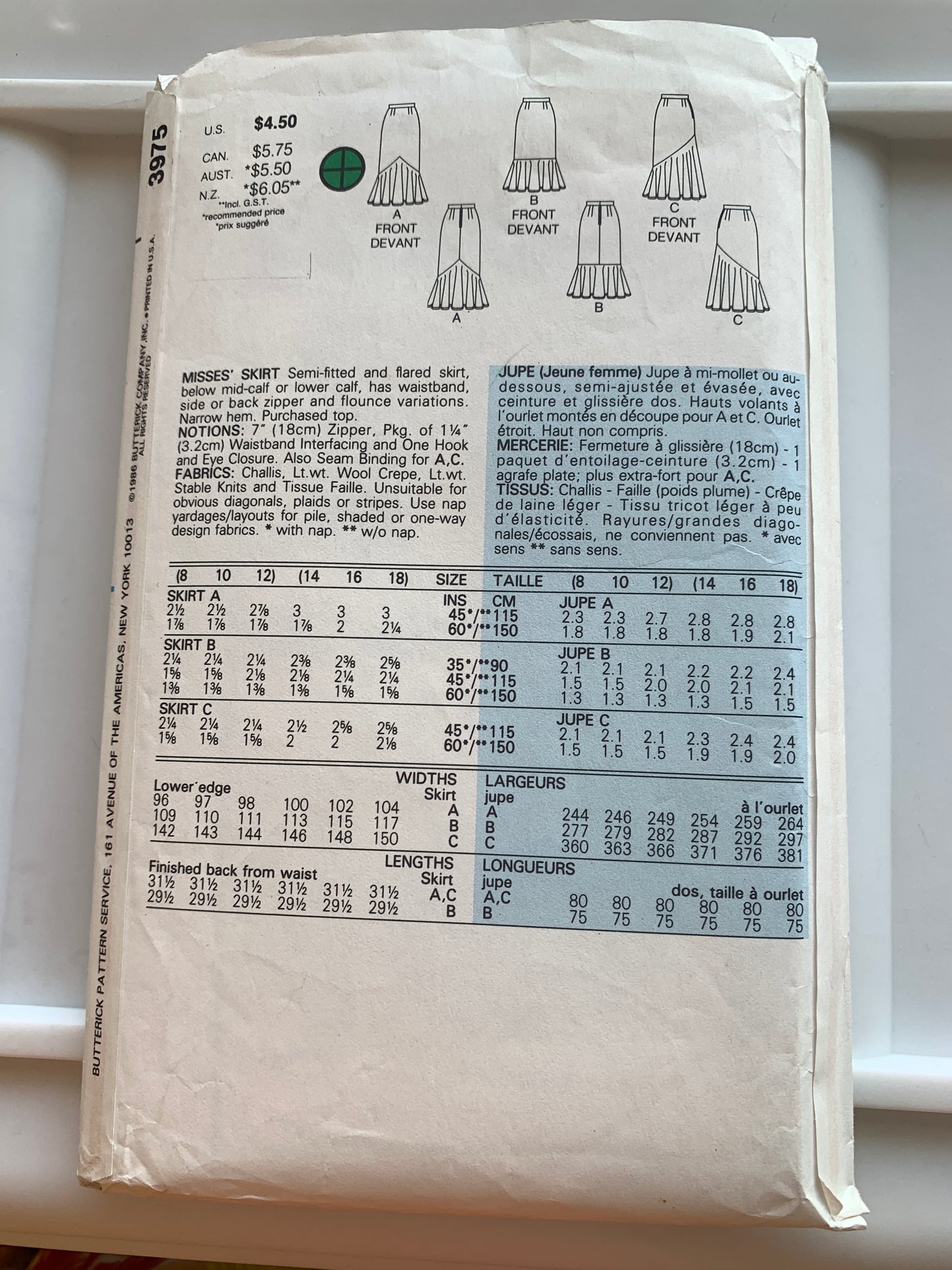 Butterick Sewing Pattern 3975 Misses' Skirt, Flared, Zipper Back, Flounce, Size 8-10, Cut, Vintage 1986 
