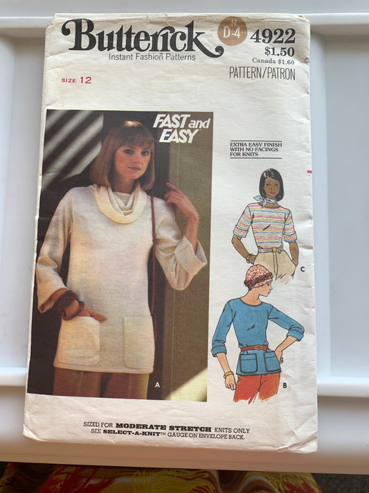 Butterick Sewing Pattern 4922 Misses' Tops, Semi-Fitted, Pockets, Size 12, Cut, Vintage 1977