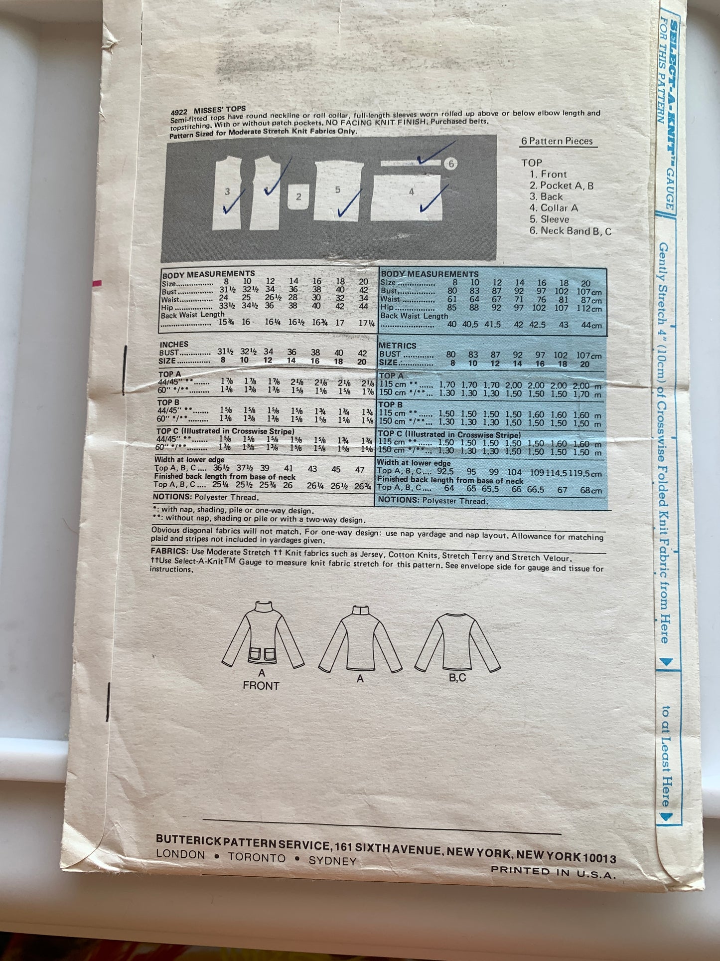 Butterick Sewing Pattern 4922 Misses' Tops, Semi-Fitted, Pockets, Size 12, Cut, Vintage 1977
