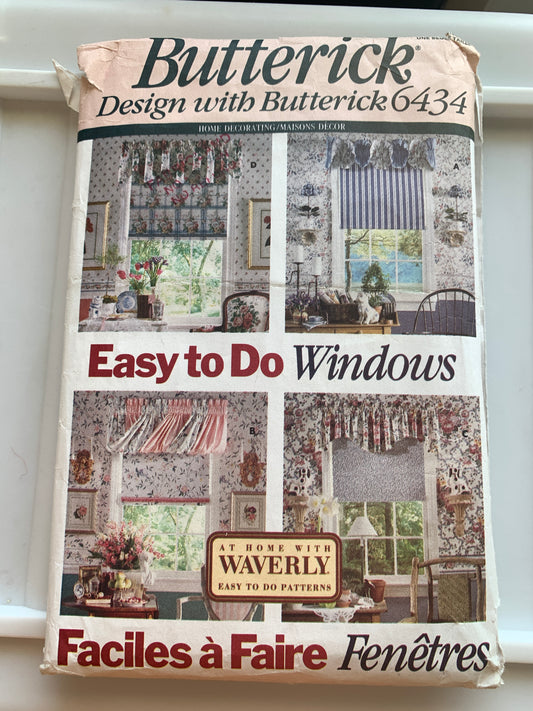 Butterick Sewing Pattern 6434 Window Roller Shades, Valances, Coverings, Cut, Vintage 1991