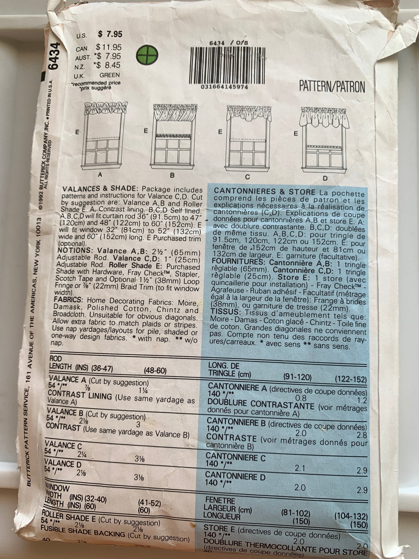 Butterick Sewing Pattern 6434 Window Roller Shades, Valances, Coverings, Cut, Vintage 1991