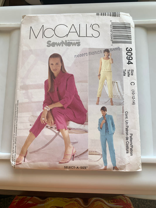 McCall's Sewing Pattern 3094 Misses'/Miss Petite Jacket, Top, Pants, Two Lengths, Long Sleeves, Size 10-14, Cut, 2001
