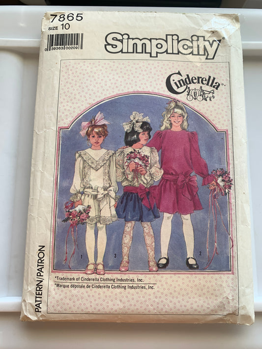 Simplicity Sewing Pattern Cinderella 7865 Girls' Dress, Dropped Waist, Sash, Long Sleeves, Size 10, Cut, Vintage 1986
