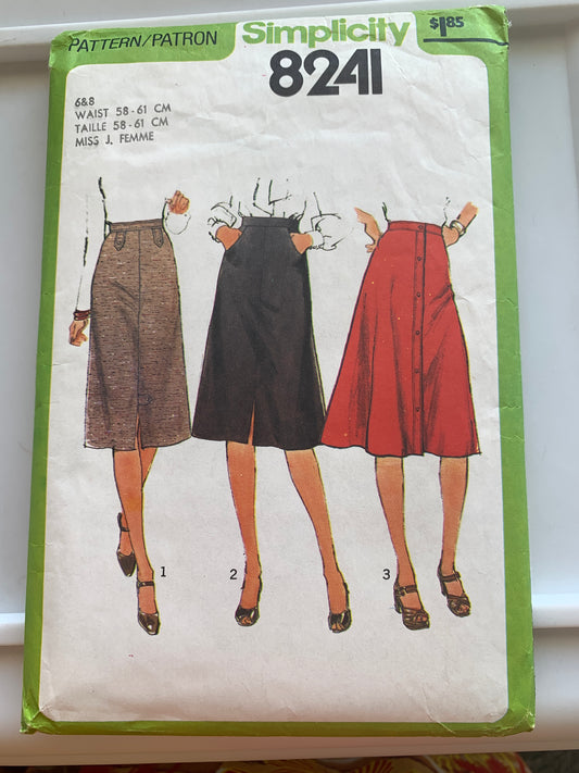 Simplicity Sewing Pattern 8241 Misses' Skirts, Zipper Back, Pockets, Size 6-8, Cut, Vintage 1977