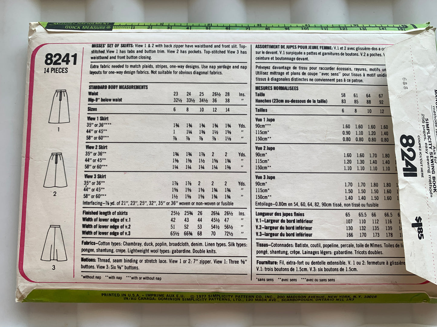 Simplicity Sewing Pattern 8241 Misses' Skirts, Zipper Back, Pockets, Size 6-8, Cut, Vintage 1977