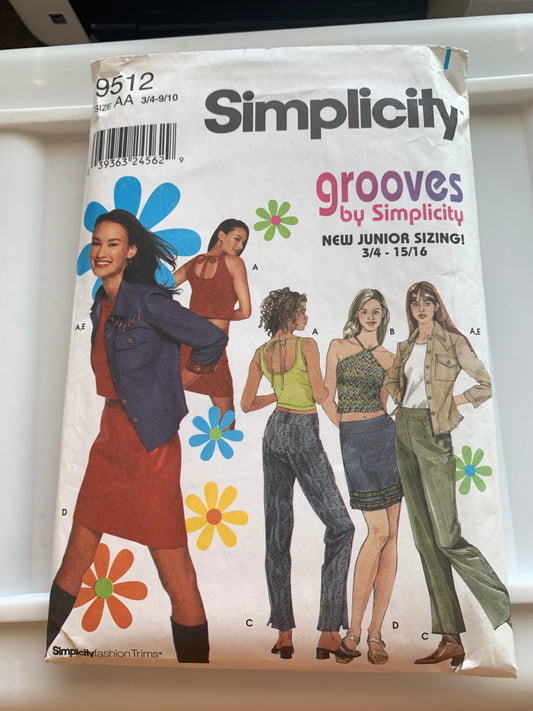 Simplicity Grooves Sewing Pattern 9512 Misses'/Juniors' Pants, Skirt, Knit Top, Size 9-10, Cut, Vintage 1999