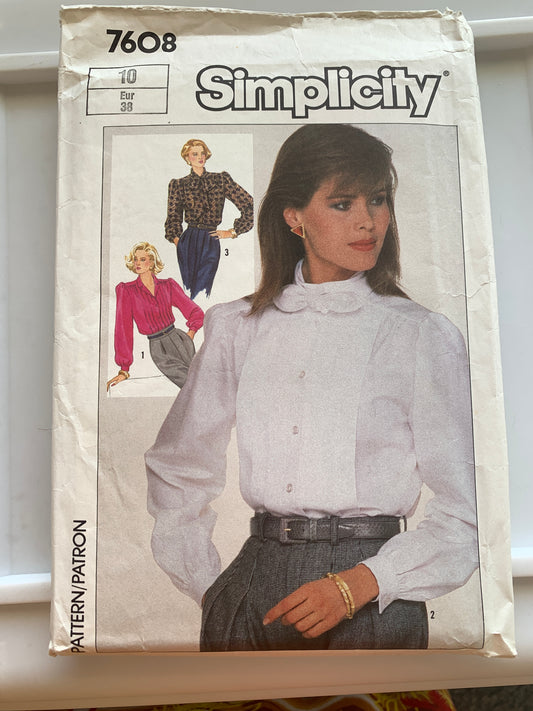 Simplicity Sewing Pattern 7608 Misses' Blouses, Shirts, Button Front, Long Sleeves, Collar, 3 Variations, Size 10, Cut, Vintage 1977